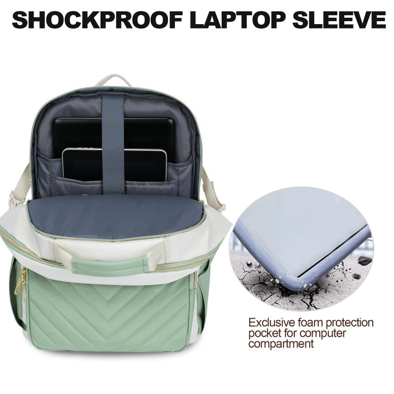 VANKEAN Laptop Backpack for Women with Pouch Pocket for Large Capacity Tumbler, 15.6 Inch Laptop Computer Bag Travel Backpack Purse,Waterproof Work Business College Teacher Bags, Beige-Light Green - Image 5