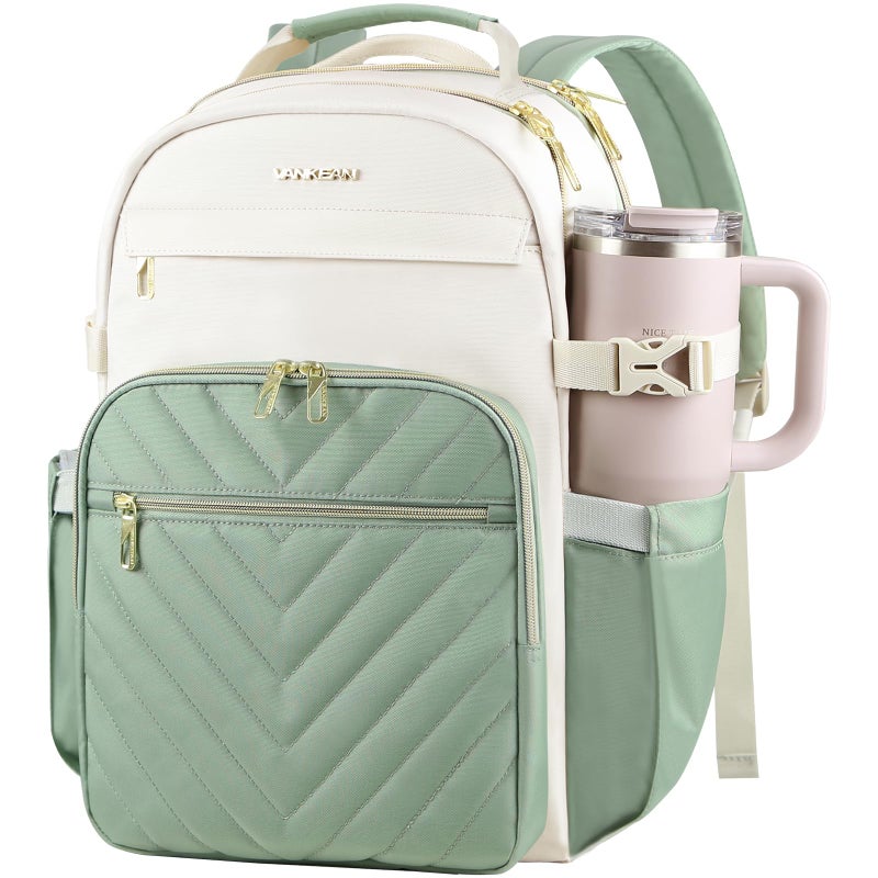 VANKEAN Laptop Backpack for Women with Pouch Pocket for Large Capacity Tumbler, 15.6 Inch Laptop Computer Bag Travel Backpack Purse,Waterproof Work Business College Teacher Bags, Beige-Light Green - Image 1