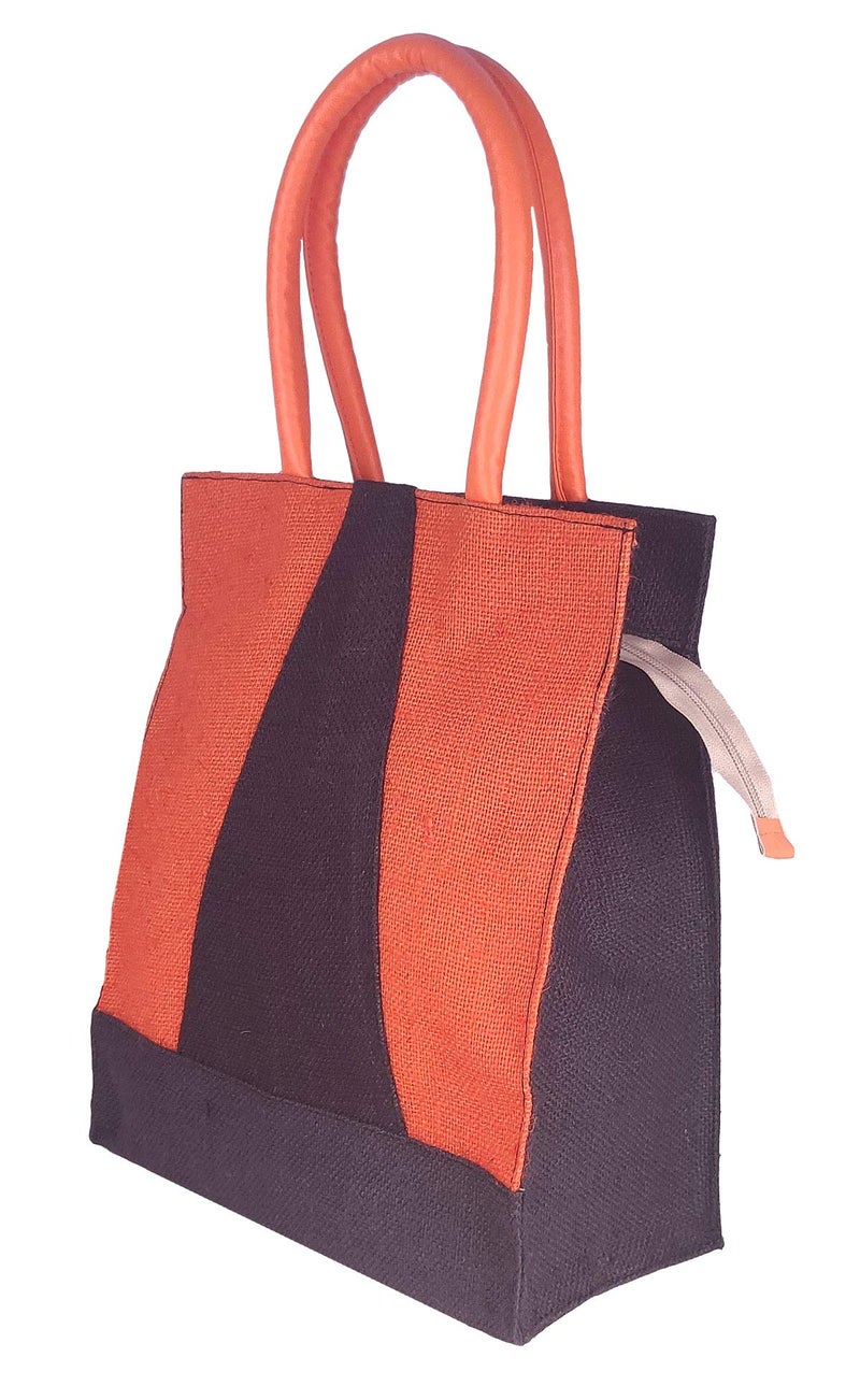 Foonty Exclusive Stripe Daily Use Jute Lunch Bag(Orange,FFFWB6014C) - Image 1