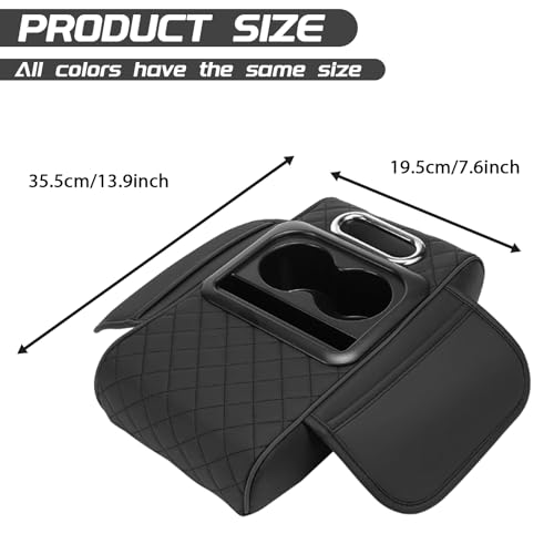 QQWD Car Armrest Cushion, 5 in 1 Center Console Cover with 2 Cup Holders, Phone Holder, Tissue Holder, Storage Bag, Multifunctional Leather Heightened Car Armrest Cushion for Most Cars（Black - Image 2