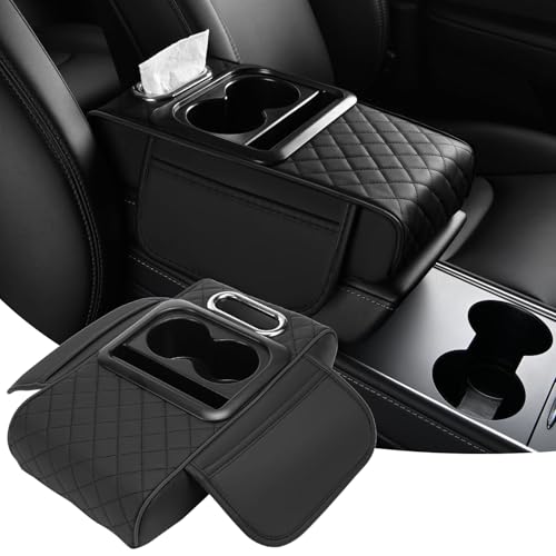 QQWD Car Armrest Cushion, 5 in 1 Center Console Cover with 2 Cup Holders, Phone Holder, Tissue Holder, Storage Bag, Multifunctional Leather Heightened Car Armrest Cushion for Most Cars（Black - Image 1