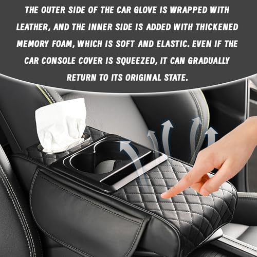 QQWD Car Armrest Cushion, 5 in 1 Center Console Cover with 2 Cup Holders, Phone Holder, Tissue Holder, Storage Bag, Multifunctional Leather Heightened Car Armrest Cushion for Most Cars（Black - Image 4