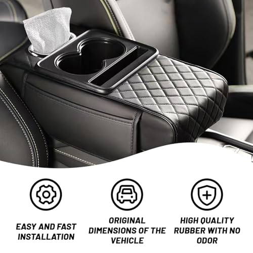 QQWD Car Armrest Cushion, 5 in 1 Center Console Cover with 2 Cup Holders, Phone Holder, Tissue Holder, Storage Bag, Multifunctional Leather Heightened Car Armrest Cushion for Most Cars（Black - Image 3
