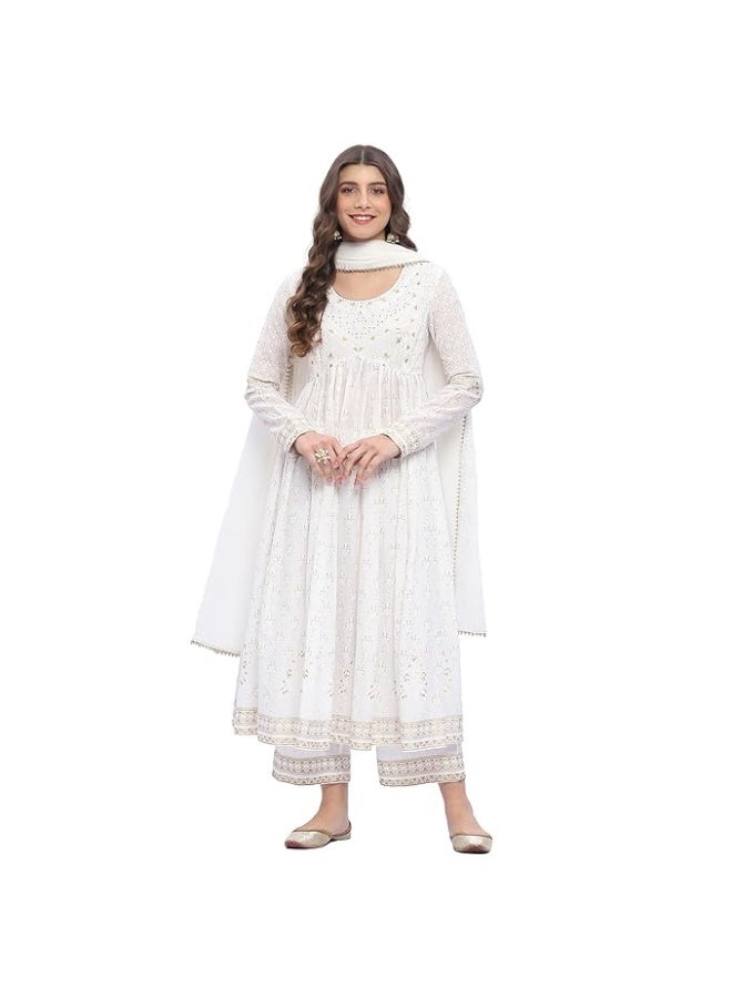 BIBA Women Cotton Gathered Printed ANARKALI KURTA WITH PANT AND DUPATTA Set M - Image 1