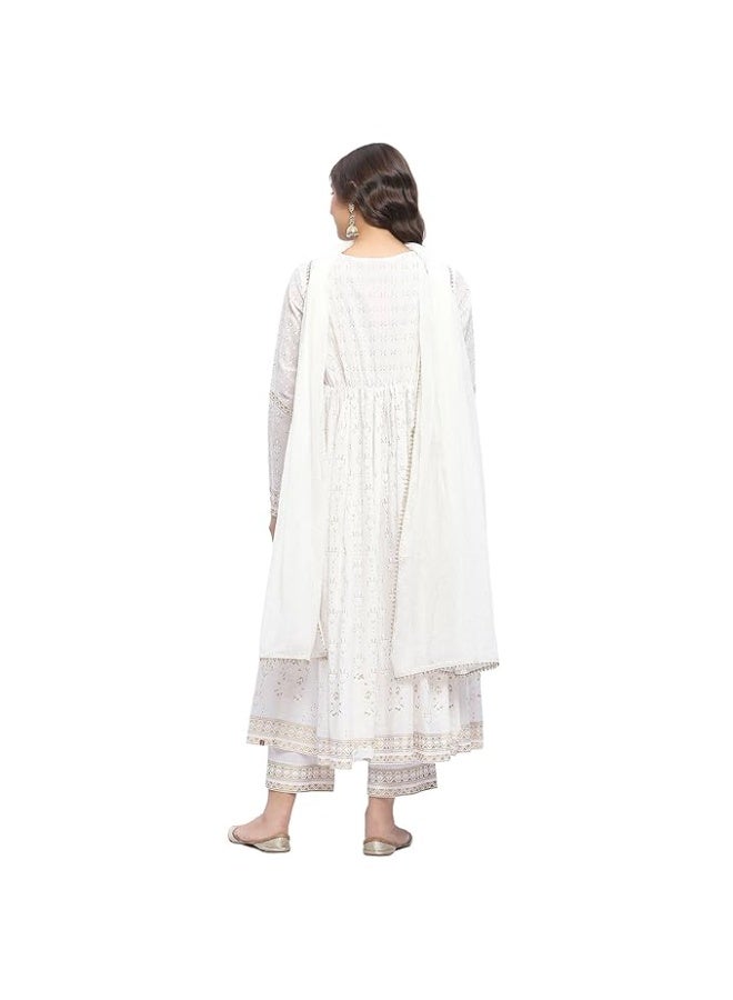 BIBA Women Cotton Gathered Printed ANARKALI KURTA WITH PANT AND DUPATTA Set M - Image 2