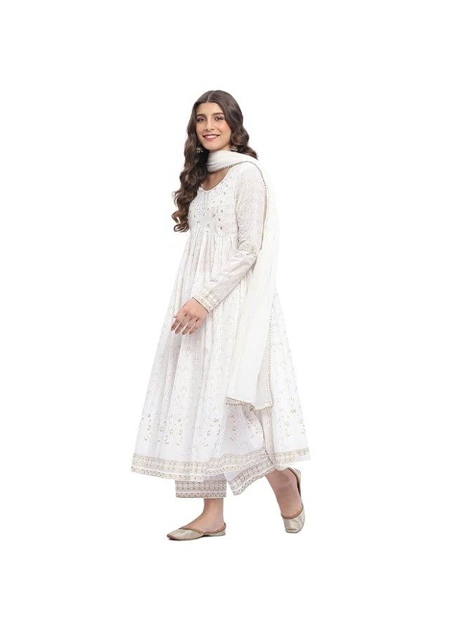 BIBA Women Cotton Gathered Printed ANARKALI KURTA WITH PANT AND DUPATTA Set M - Image 3