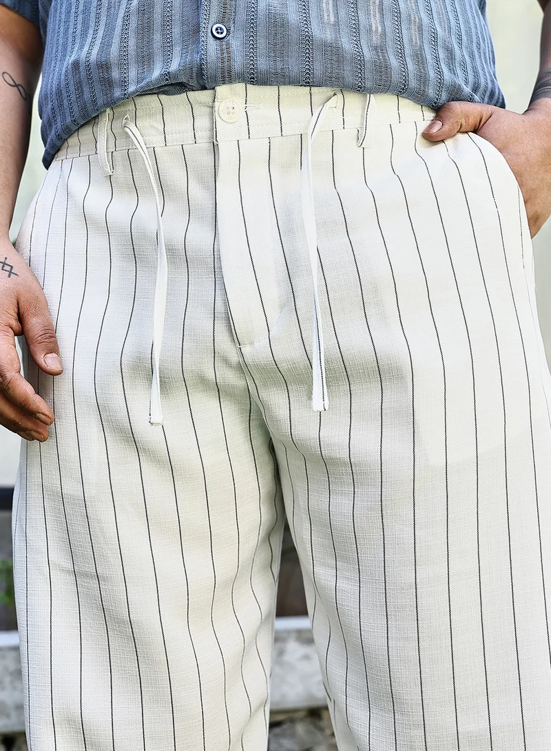 Instafab Plus  Instafab Plus Men's Ivory White Pinstriped Chino Trousers For Casual Wear | Mid-Rise | Regular Fit | Drawstring Closure | Plus Size Trousers Crafted With Comfort Fit For Everyday Wear for Men | Best Price UAE