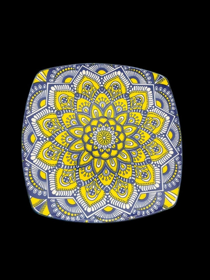 Dishy Divine Luxury Bohemian Sunshine Colored Porcelain Square Snacks Plate| Stylish| Decorative| Trendy- Moroccan Design (Set of 6) - Image 4