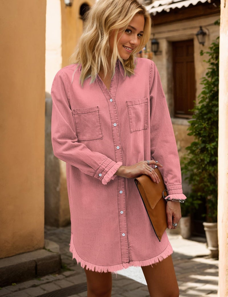 Zilcremo Women Denim Shirt Dresses Long Sleeve Distressed Jean Dress Button Down Casual Tunic Top Pink S - Image 4