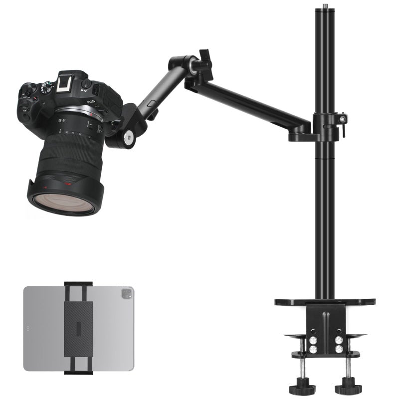 TARION Camera Arm Mount Desk Stand: Heavy Duty DSLR Desktop Mount Camera Stand with Tablet Holder Double C Clamp 1/4 3/8 Screw Adapter Articulating Arm for Selfie Streaming Videography TitanRig Lite Z - Image 1