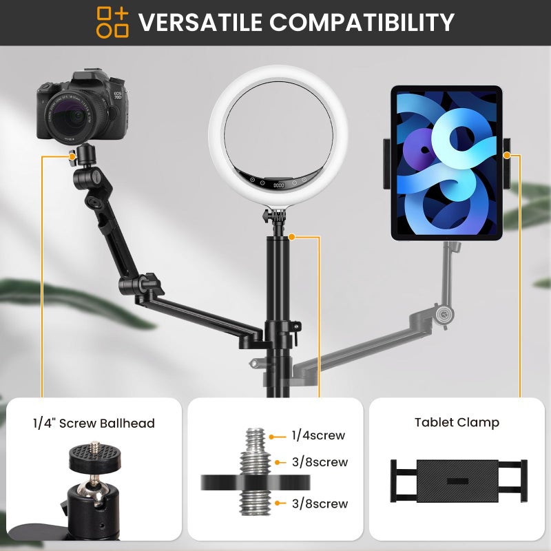 TARION Camera Arm Mount Desk Stand: Heavy Duty DSLR Desktop Mount Camera Stand with Tablet Holder Double C Clamp 1/4 3/8 Screw Adapter Articulating Arm for Selfie Streaming Videography TitanRig Lite Z - Image 2