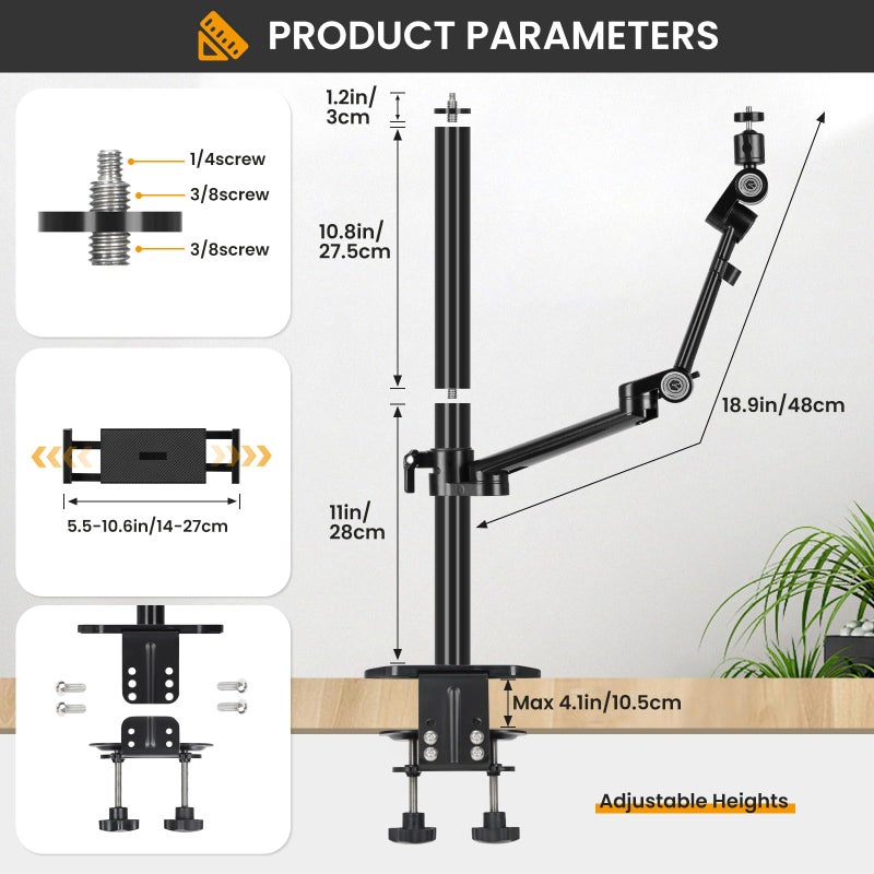 TARION Camera Arm Mount Desk Stand: Heavy Duty DSLR Desktop Mount Camera Stand with Tablet Holder Double C Clamp 1/4 3/8 Screw Adapter Articulating Arm for Selfie Streaming Videography TitanRig Lite Z - Image 4