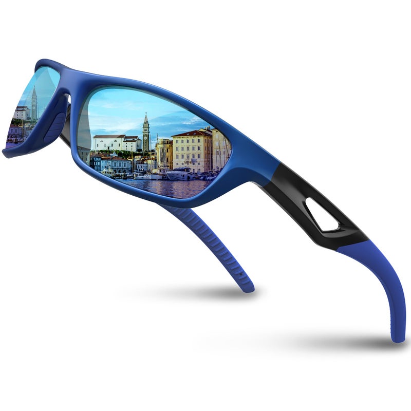 RIVBOS Polarized Sports Sunglasses Driving Sun Glasses Shades for Men Women Tr90 Frame for Cycling Fishing Running RB831 Blue Black Frame/Blue Lens - Image 1
