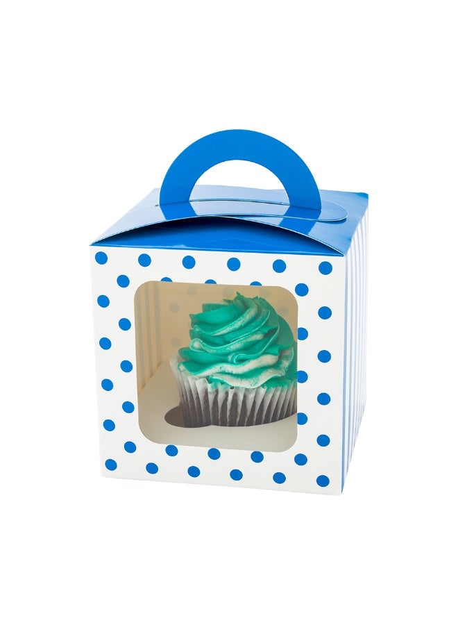 Restaurantware Pastry Tek 4.5 Inch Individual Cupcake Boxes, 100 Polka Dots Cupcake Favor Boxes - Fits 1, With Window, Blue Paper Cupcake Gift Boxes, Built In Handle, For Weddings Or Parties - Image 2