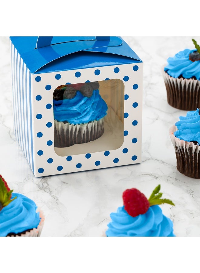 Restaurantware Pastry Tek 4.5 Inch Individual Cupcake Boxes, 100 Polka Dots Cupcake Favor Boxes - Fits 1, With Window, Blue Paper Cupcake Gift Boxes, Built In Handle, For Weddings Or Parties - Image 3