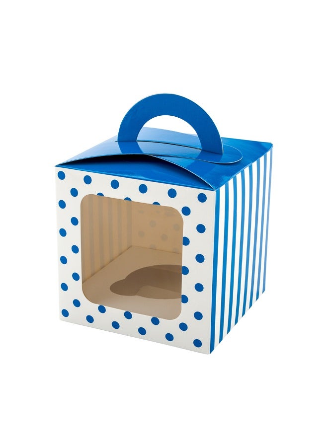 Restaurantware Pastry Tek 4.5 Inch Individual Cupcake Boxes, 100 Polka Dots Cupcake Favor Boxes - Fits 1, With Window, Blue Paper Cupcake Gift Boxes, Built In Handle, For Weddings Or Parties - Image 1