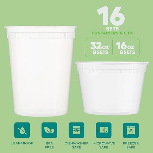 JoyServe Deli Food Containers with Lids - (16 Sets) 8-32 Oz Quart Size & 8-16 Oz Pint Size Airtight Food Storage Takeout Meal Prep Containers, BPA-Free, Dishwasher, Microwave Safe - Image 2