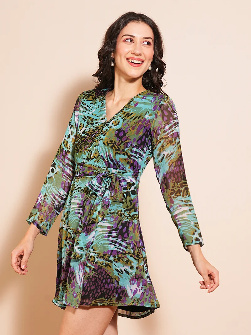 globus Globus Women V-Neck Animal Printed Tie-Ups Fit & Flare Mini Party Dress