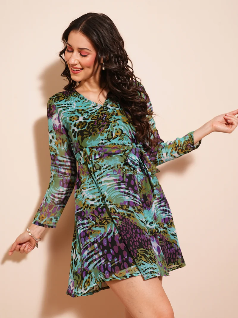 globus Globus Women V-Neck Animal Printed Tie-Ups Fit & Flare Mini Party Dress