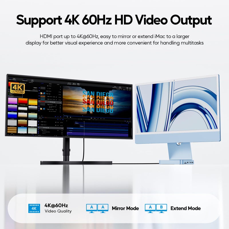 PULWTOP Upgraded 11 in 1 USB C Hub for iMac 24 inch USB Hub 2021 2023 2024 Support M.2 SSD (NOT Included), iMac Hub M1 M3 M4 Accessories, 4K HDMI, 2.5G Ethernet, 5 USB A/C Max 10Gbps, SD/TF - Blue - Image 4