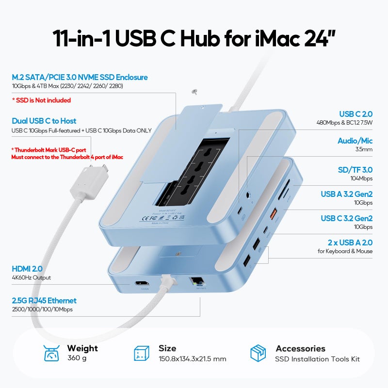 PULWTOP Upgraded 11 in 1 USB C Hub for iMac 24 inch USB Hub 2021 2023 2024 Support M.2 SSD (NOT Included), iMac Hub M1 M3 M4 Accessories, 4K HDMI, 2.5G Ethernet, 5 USB A/C Max 10Gbps, SD/TF - Blue - Image 2