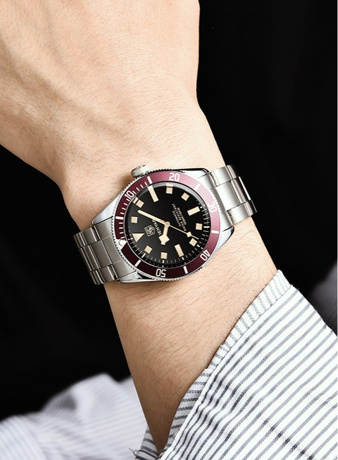 بينيار الرجال ساعات أوتوماتيكية الرياضة الميكانيكية الفاخرة الأعمال مقاوم للماء ساعة معصم للرجال سبيكة حالة الفولاذ المقاوم للصدأ سوار ، الفضة الأحمر - Image 1