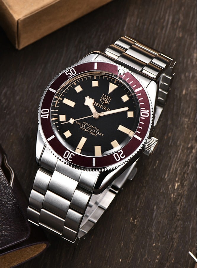 بينيار الرجال ساعات أوتوماتيكية الرياضة الميكانيكية الفاخرة الأعمال مقاوم للماء ساعة معصم للرجال سبيكة حالة الفولاذ المقاوم للصدأ سوار ، الفضة الأحمر - Image 2