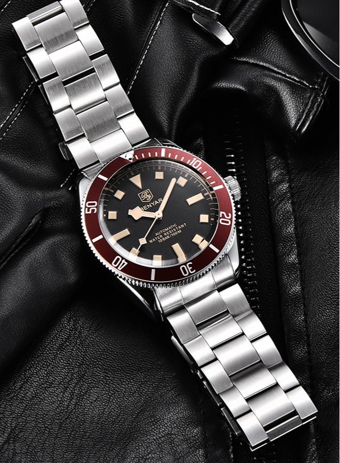 بينيار الرجال ساعات أوتوماتيكية الرياضة الميكانيكية الفاخرة الأعمال مقاوم للماء ساعة معصم للرجال سبيكة حالة الفولاذ المقاوم للصدأ سوار ، الفضة الأحمر - Image 3