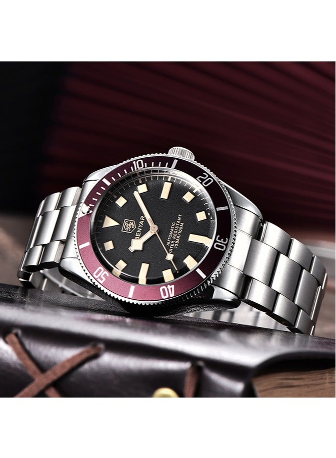 بينيار الرجال ساعات أوتوماتيكية الرياضة الميكانيكية الفاخرة الأعمال مقاوم للماء ساعة معصم للرجال سبيكة حالة الفولاذ المقاوم للصدأ سوار ، الفضة الأحمر - Image 4