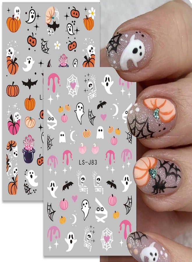 KRTBKR 6 Sheets Halloween Nail Art Stickers Ghost Nail Decals 3D Self-Adhesive Cute Ghost Spider Web Bat Pumpkin Nail Stickers Halloween Charm Designs for Women Acrylic Manicure Holiday Decorations Supplies - Image 2