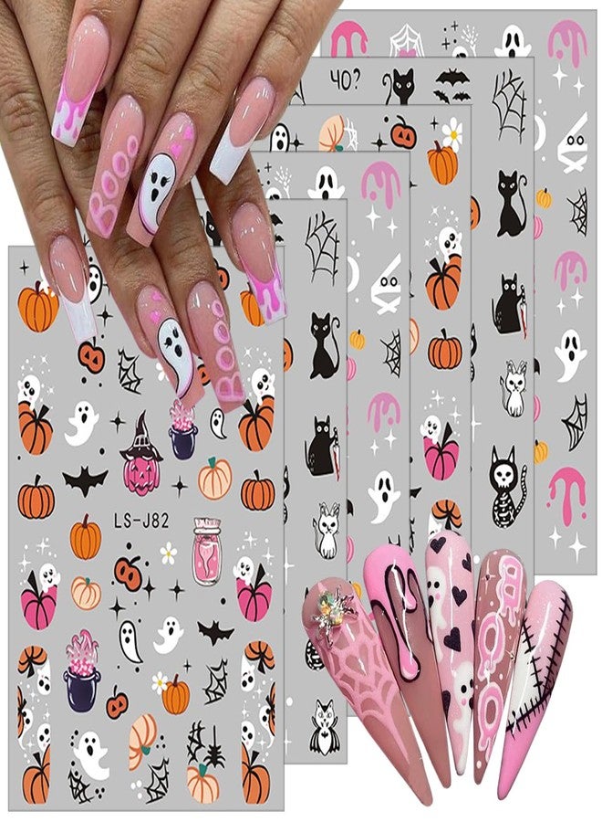 KRTBKR 6 Sheets Halloween Nail Art Stickers Ghost Nail Decals 3D Self-Adhesive Cute Ghost Spider Web Bat Pumpkin Nail Stickers Halloween Charm Designs for Women Acrylic Manicure Holiday Decorations Supplies - Image 1