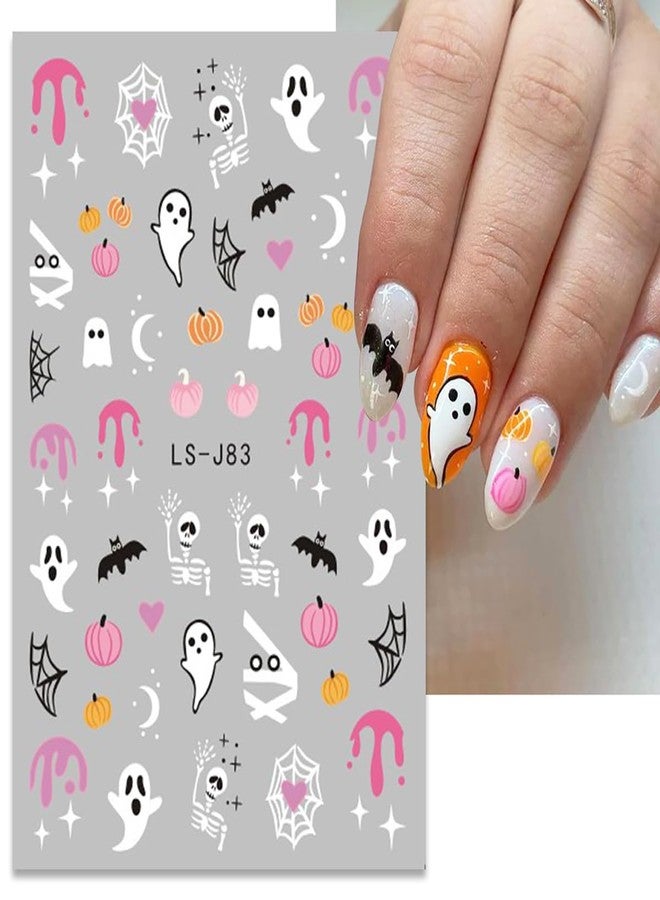 KRTBKR 6 Sheets Halloween Nail Art Stickers Ghost Nail Decals 3D Self-Adhesive Cute Ghost Spider Web Bat Pumpkin Nail Stickers Halloween Charm Designs for Women Acrylic Manicure Holiday Decorations Supplies - Image 3