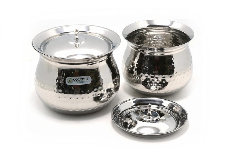 Coconut Gaze Hammered Stainless Steel Cookware Handi with Lids - 2 Units (Capacity - 850 & 1400 ML) - Image 2