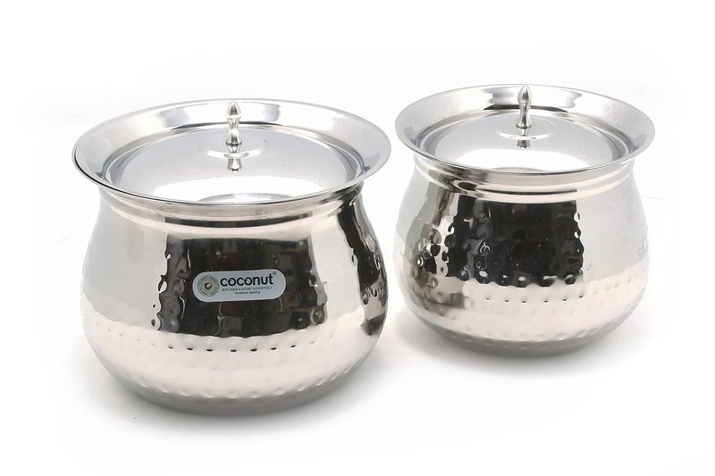Coconut Gaze Hammered Stainless Steel Cookware Handi with Lids - 2 Units (Capacity - 850 & 1400 ML) - Image 1