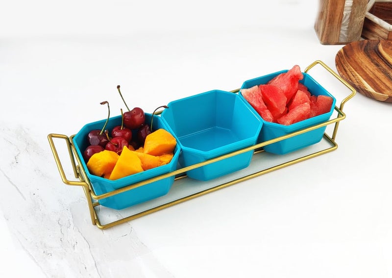 appeasy Plastic Square 3 Bowls and Metal Tray for Serving Breakfast, Dining and Snacks,Nuts, Fruits, Candy, Appetizers, Snacks for Home (Golden) - Image 3