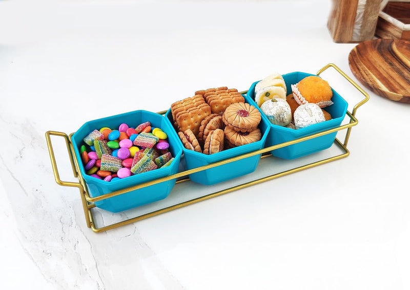 appeasy Plastic Square 3 Bowls and Metal Tray for Serving Breakfast, Dining and Snacks,Nuts, Fruits, Candy, Appetizers, Snacks for Home (Golden) - Image 5