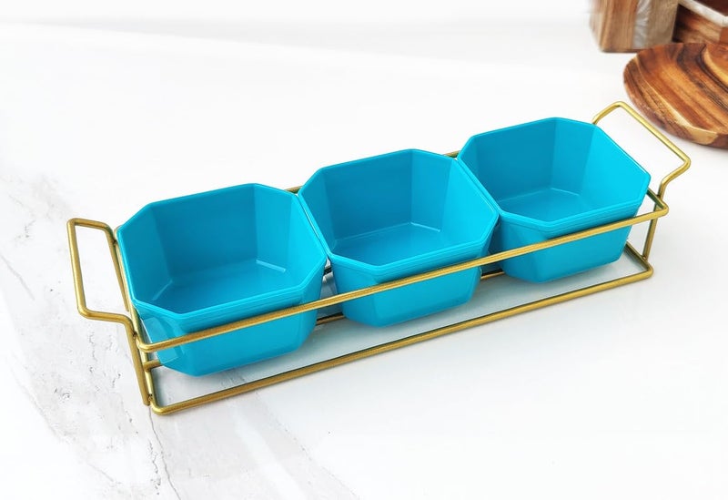 appeasy Plastic Square 3 Bowls and Metal Tray for Serving Breakfast, Dining and Snacks,Nuts, Fruits, Candy, Appetizers, Snacks for Home (Golden) - Image 2