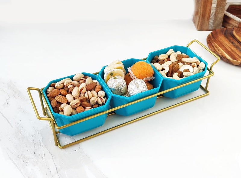 appeasy Plastic Square 3 Bowls and Metal Tray for Serving Breakfast, Dining and Snacks,Nuts, Fruits, Candy, Appetizers, Snacks for Home (Golden) - Image 1