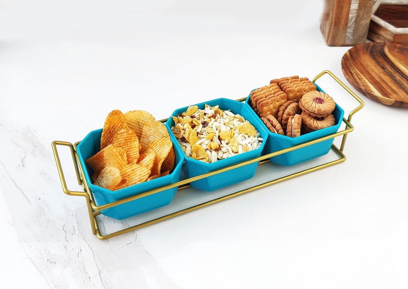 appeasy Plastic Square 3 Bowls and Metal Tray for Serving Breakfast, Dining and Snacks,Nuts, Fruits, Candy, Appetizers, Snacks for Home (Golden) - Image 4