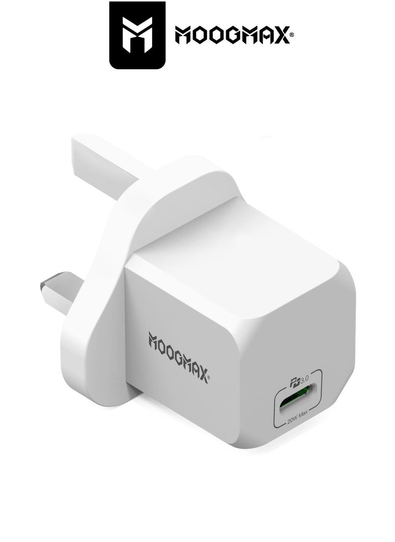 MOOGMAX Adapter charger with PD (Type-C) port, supports very fast charging 20W - with GaN tech, which makes it 3 times faster - suitable for Apple, Samsung, Nintendo Switch, & other devices - White  - Image 2