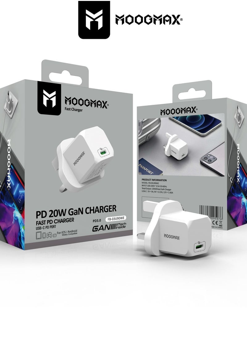 MOOGMAX Adapter charger with PD (Type-C) port, supports very fast charging 20W - with GaN tech, which makes it 3 times faster - suitable for Apple, Samsung, Nintendo Switch, & other devices - White  - Image 1