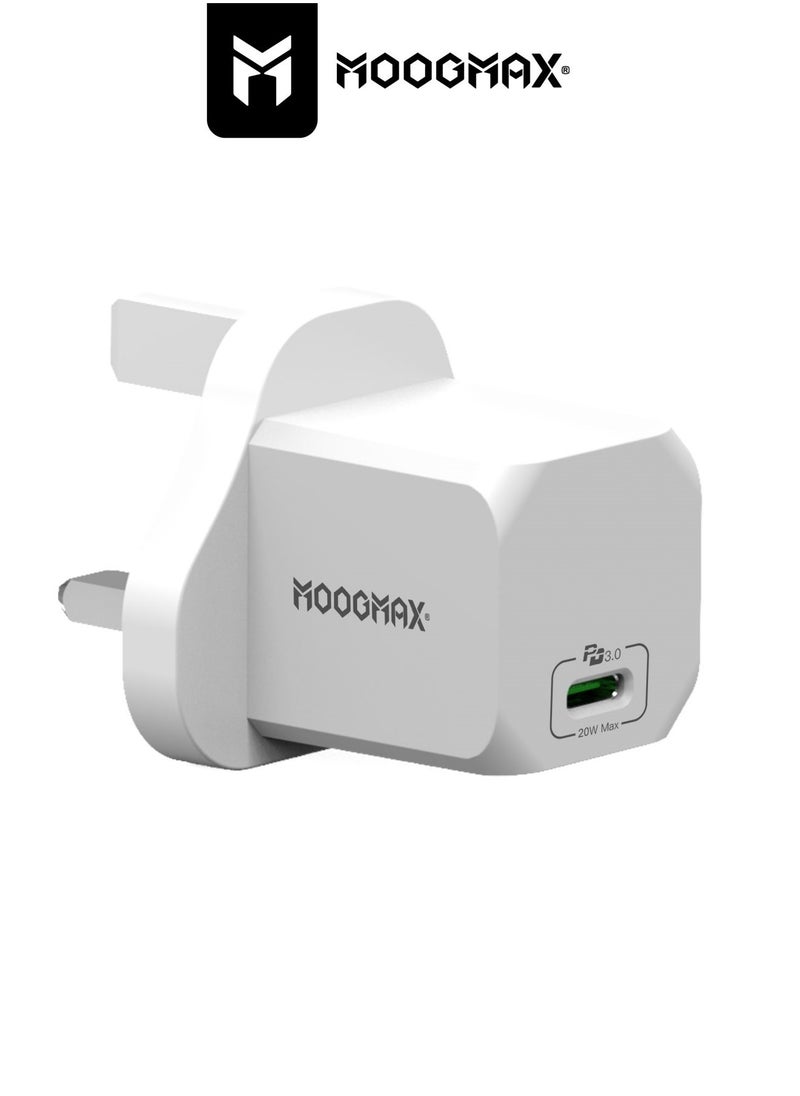 MOOGMAX Adapter charger with PD (Type-C) port, supports very fast charging 20W - with GaN tech, which makes it 3 times faster - suitable for Apple, Samsung, Nintendo Switch, & other devices - White  - Image 3