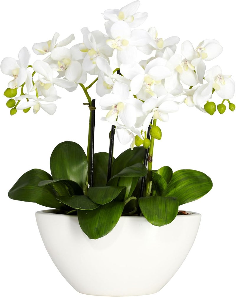 Nearly Natural 15in. Phalaenopsis Silk Flower Arrangement in White Bowl Planter - Image 2