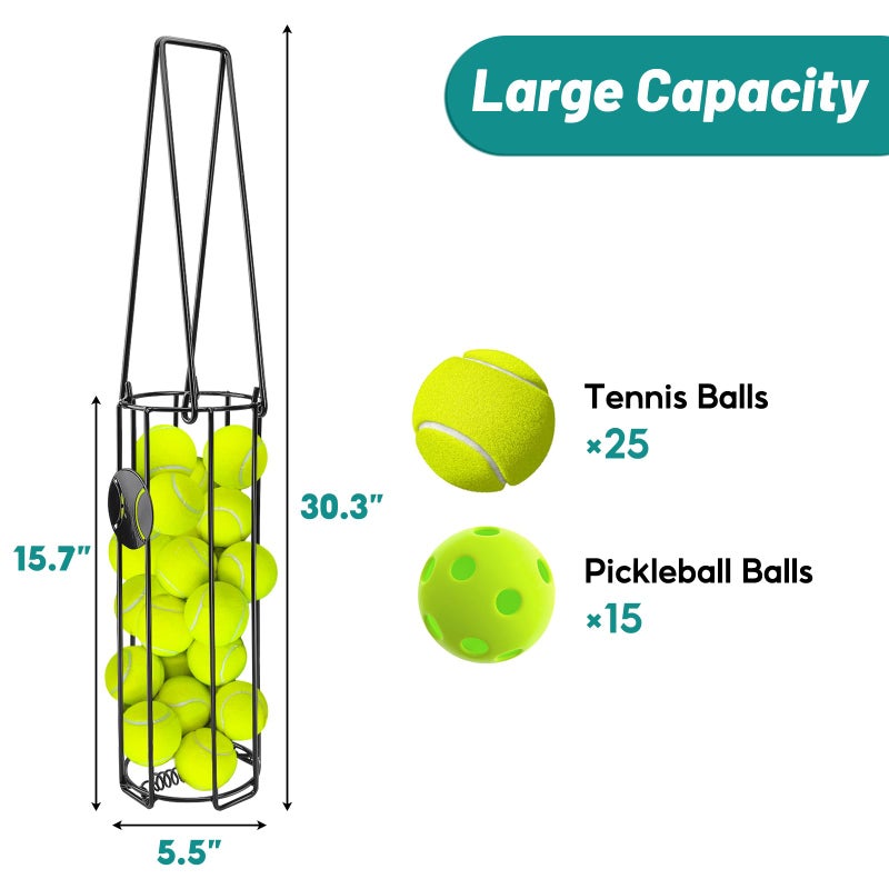 HolyMaji Cylindrical Tennis Ball Hopper Collector Pickleball Balls Retriever Basket Tennis Ball Picker Upper for Easy Picking and Storage Metal Container Holds 24 Tennis Balls Training Caddy (Black) - Image 3
