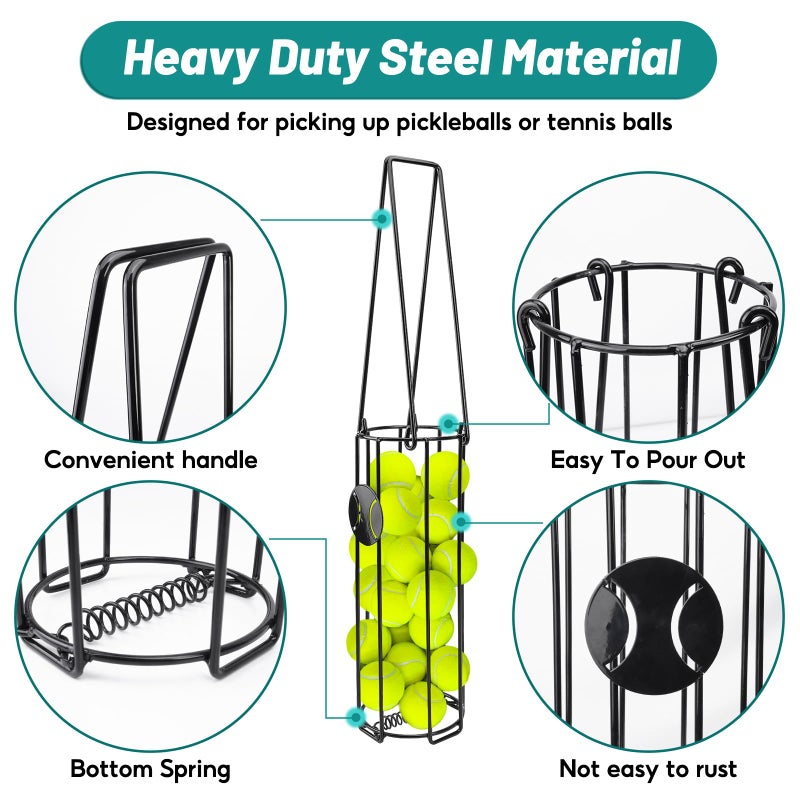 HolyMaji Cylindrical Tennis Ball Hopper Collector Pickleball Balls Retriever Basket Tennis Ball Picker Upper for Easy Picking and Storage Metal Container Holds 24 Tennis Balls Training Caddy (Black) - Image 2