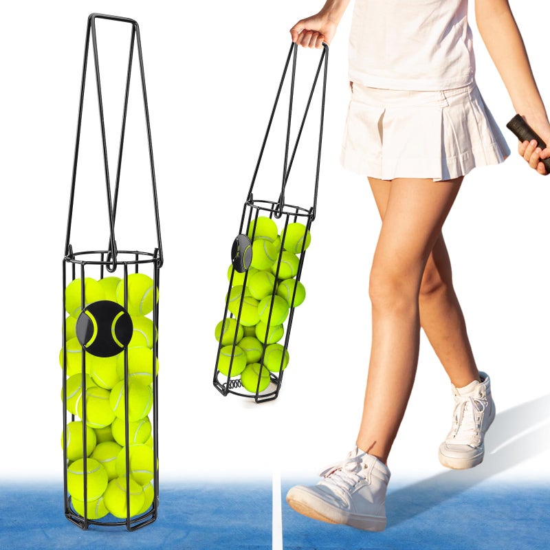 HolyMaji Cylindrical Tennis Ball Hopper Collector Pickleball Balls Retriever Basket Tennis Ball Picker Upper for Easy Picking and Storage Metal Container Holds 24 Tennis Balls Training Caddy (Black) - Image 1