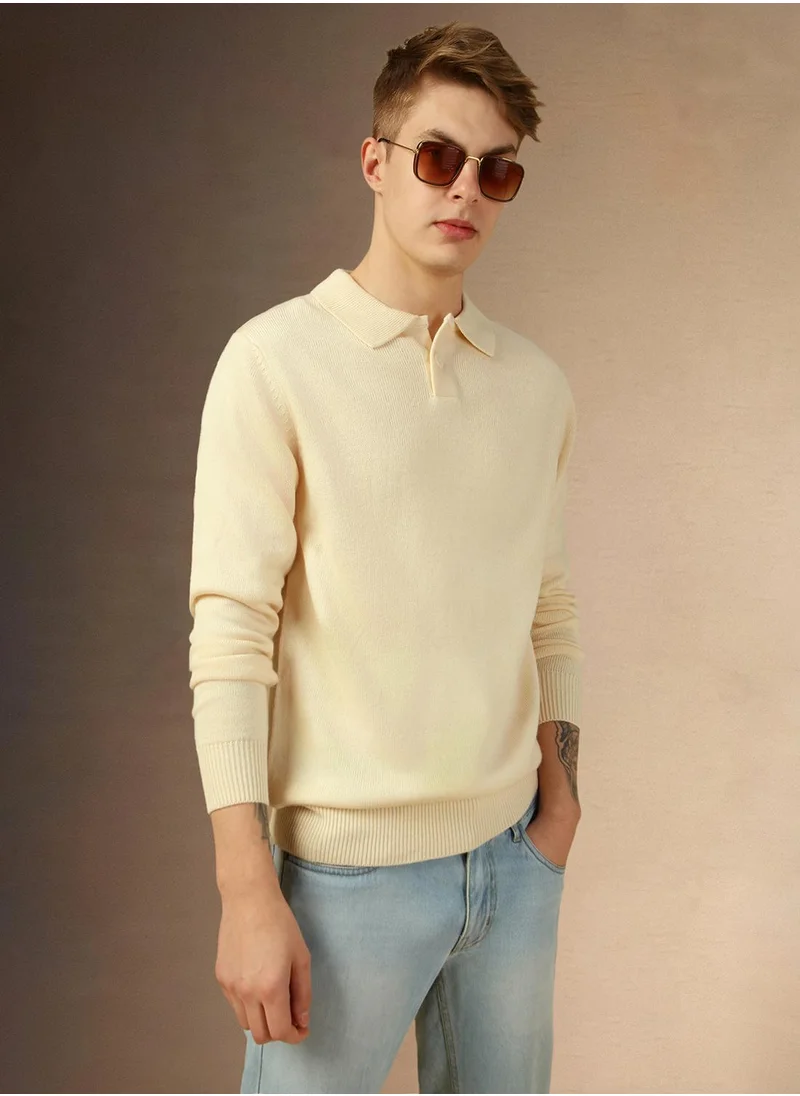Dennis Lingo Men's Off White 100% Acrylic Solid Regular Fit Sweater
