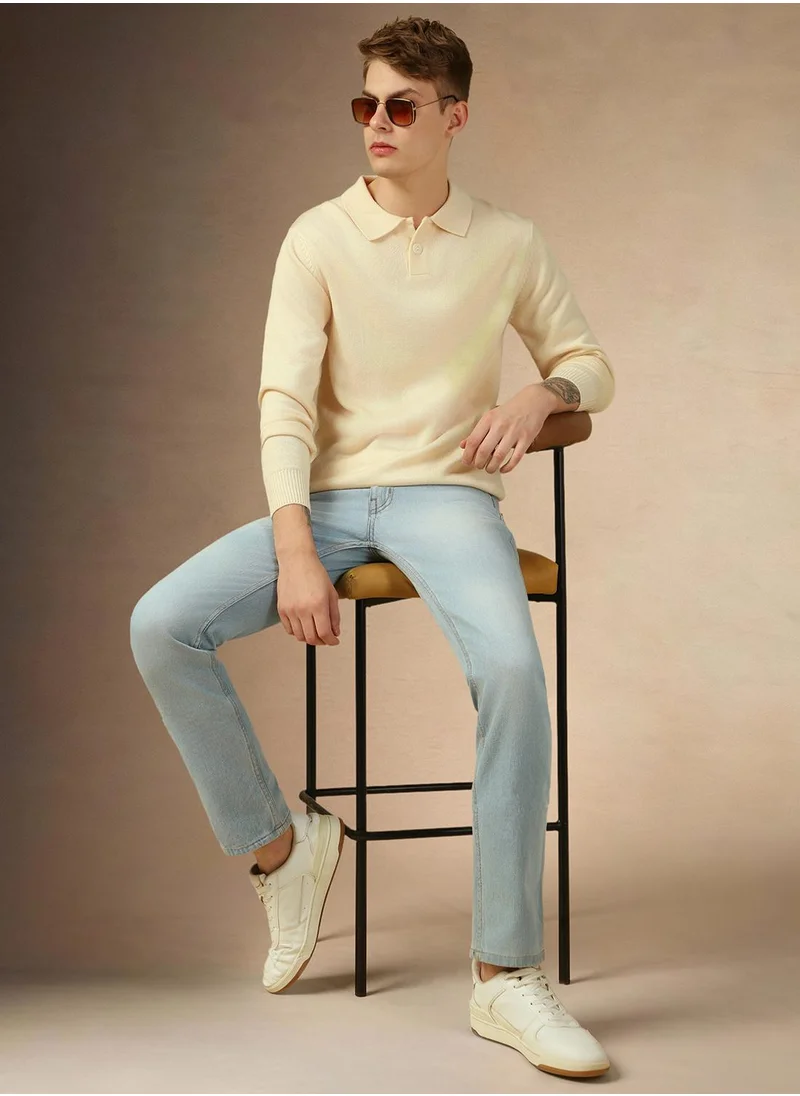 Dennis Lingo Men's Off White 100% Acrylic Solid Regular Fit Sweater