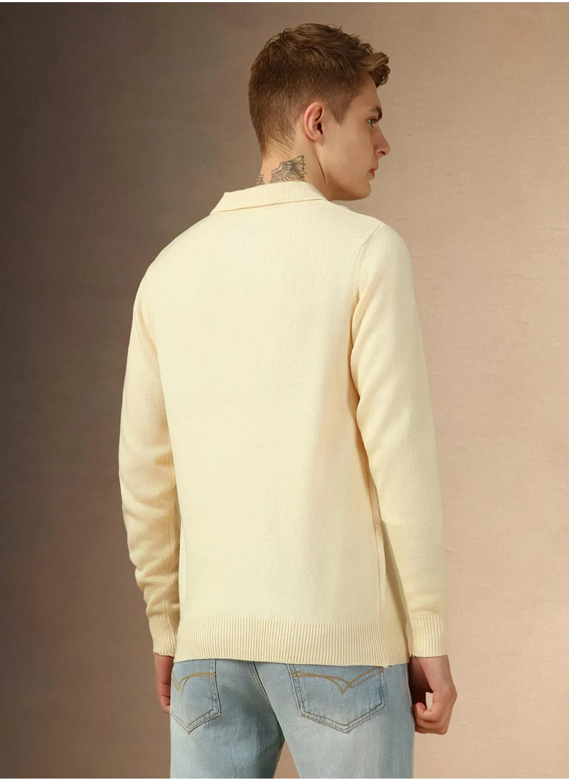 Dennis Lingo Men's Off White 100% Acrylic Solid Regular Fit Sweater