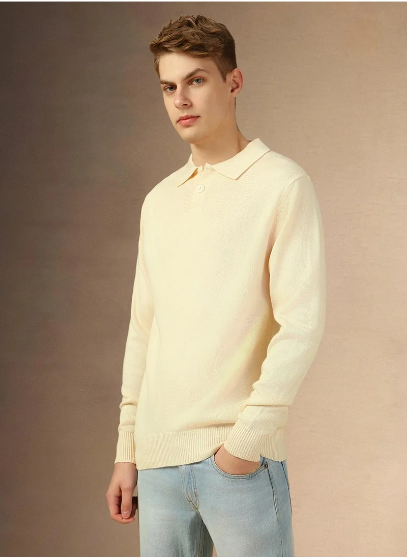 Dennis Lingo Men's Off White 100% Acrylic Solid Regular Fit Sweater